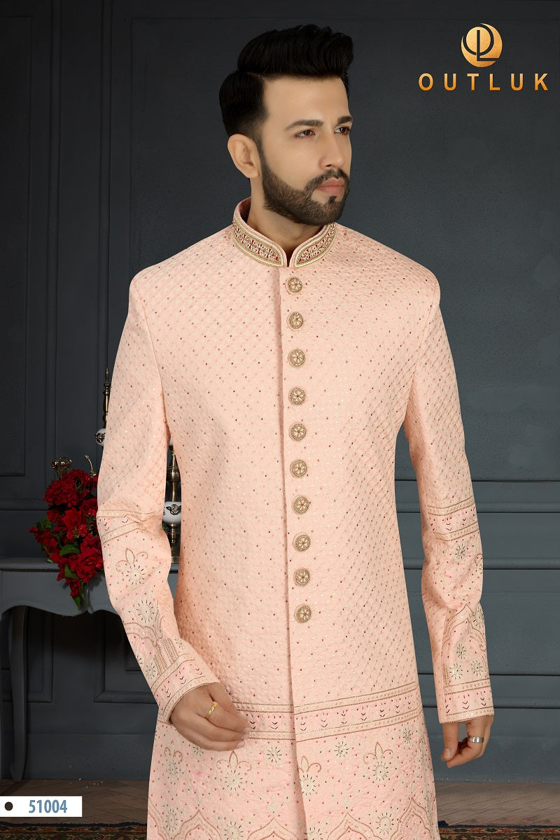 Light Pink Jacquard Silk Mens Sherwani 51004