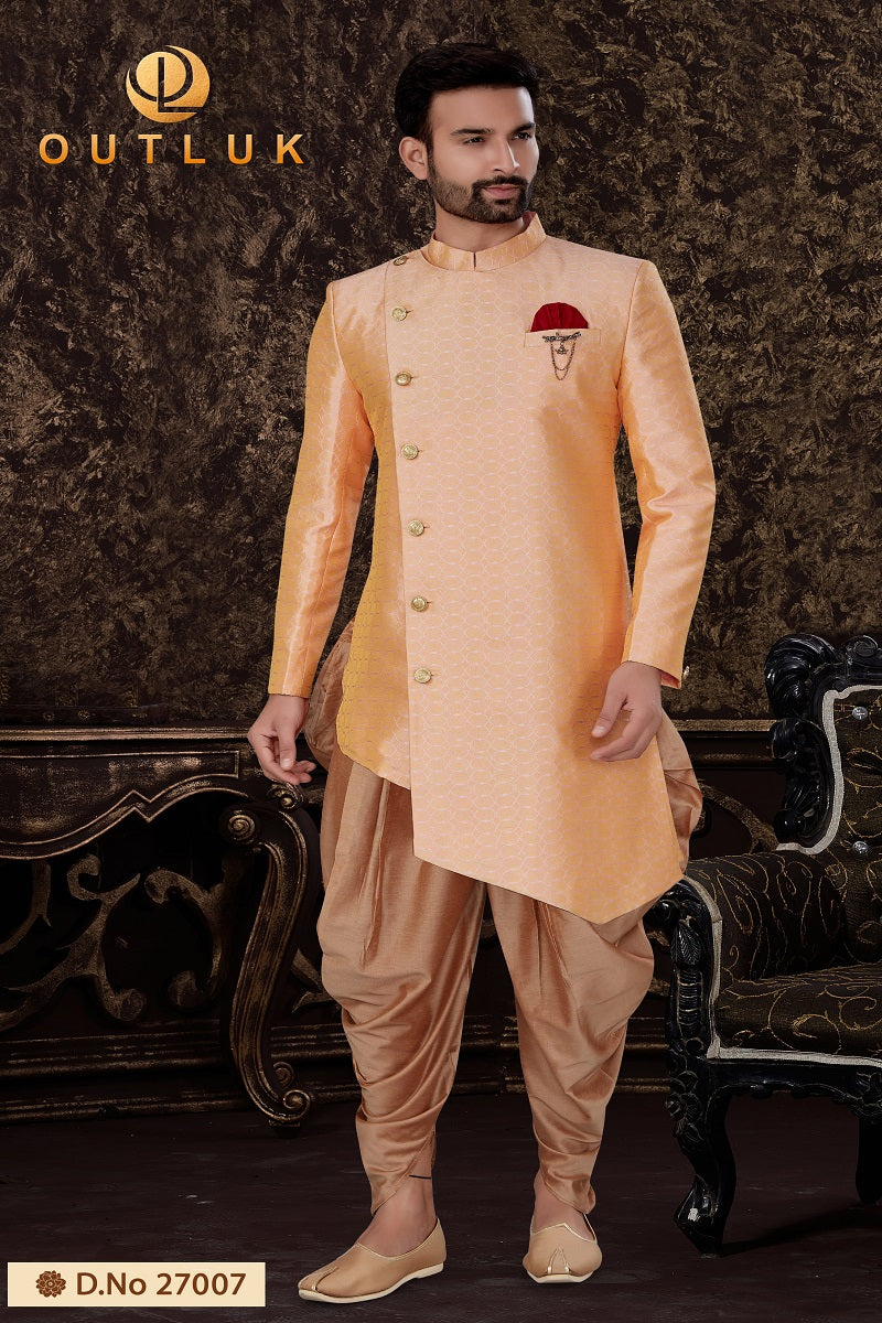 Peach Jacquard Silk Mens Indo Western 27007