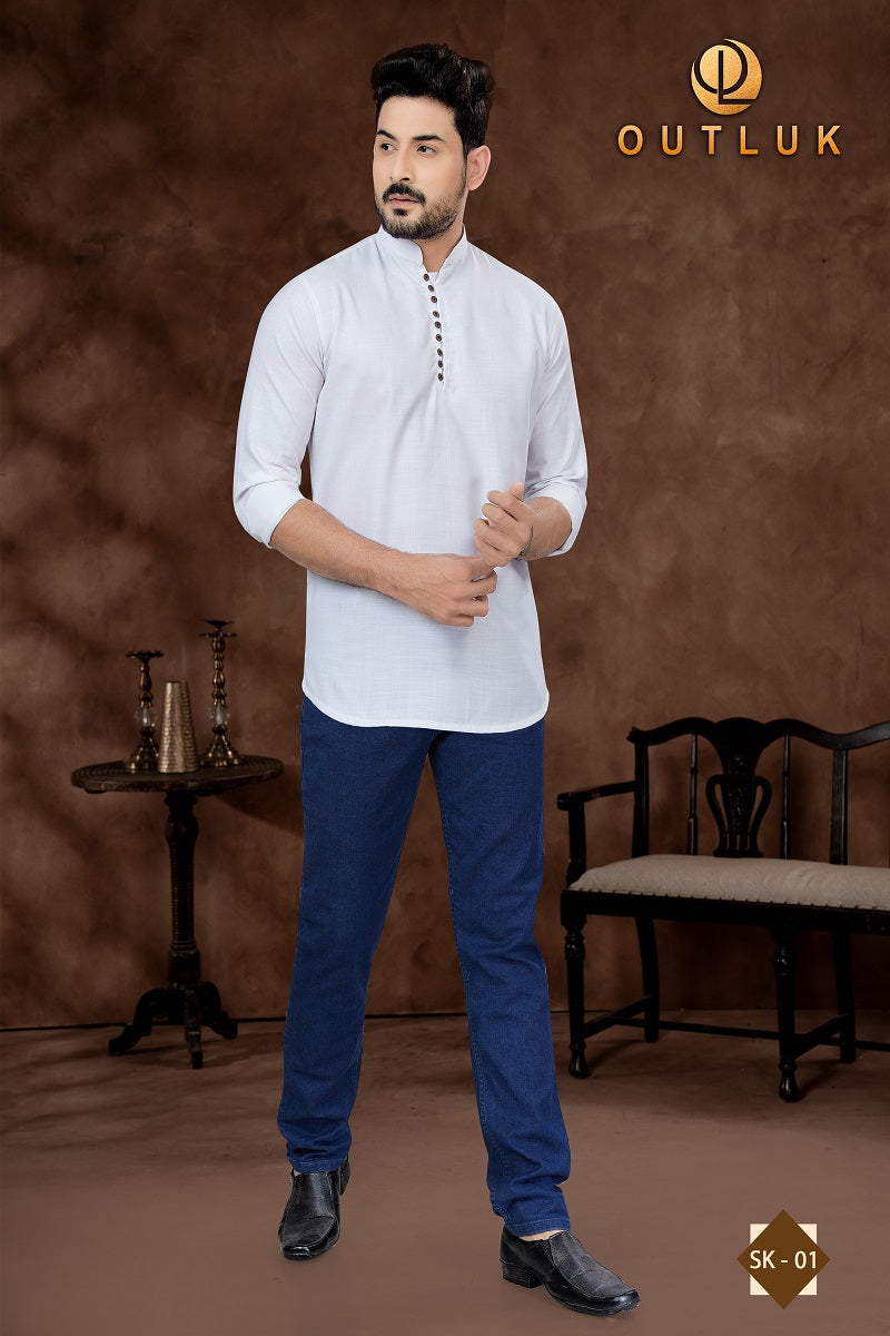 White Cotton Mens Short Kurta SK01