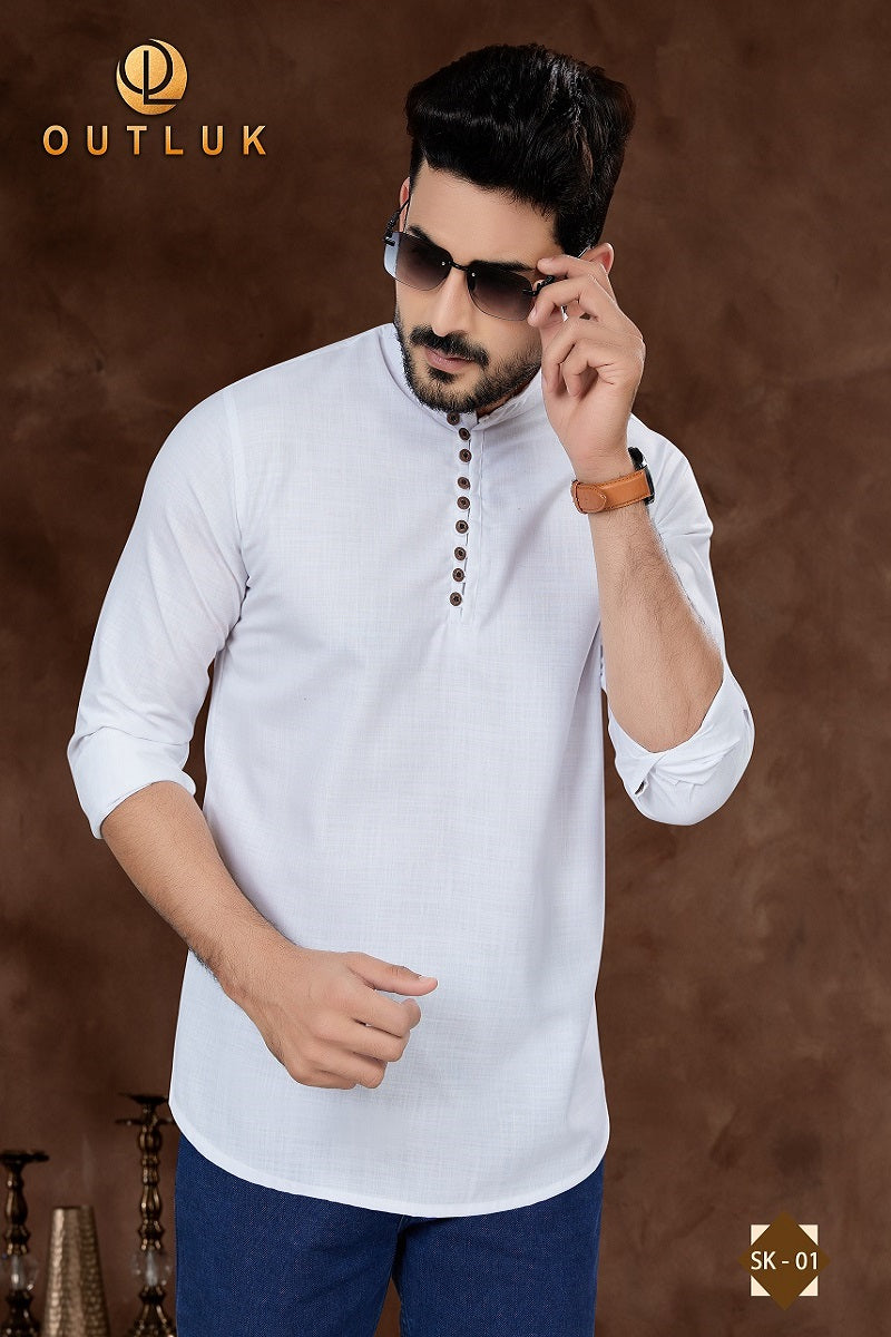 White Cotton Mens Short Kurta SK01