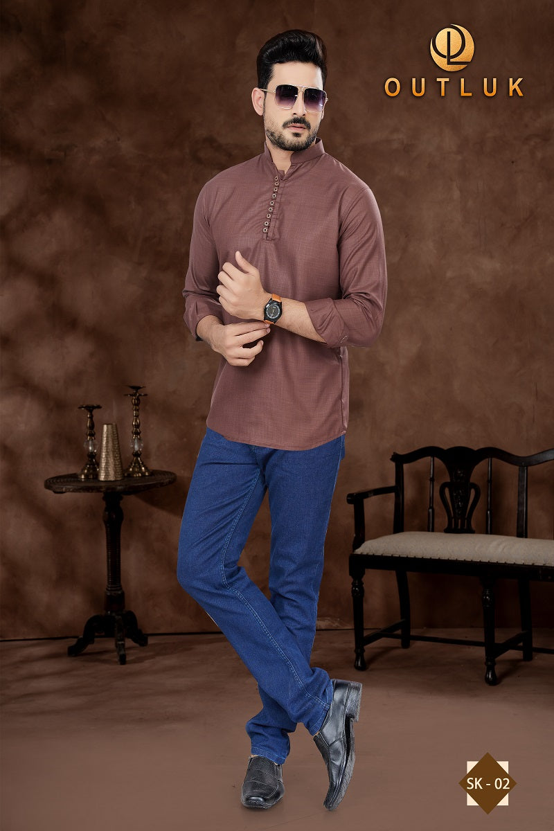 Brown Cotton Mens Short Kurta SK02