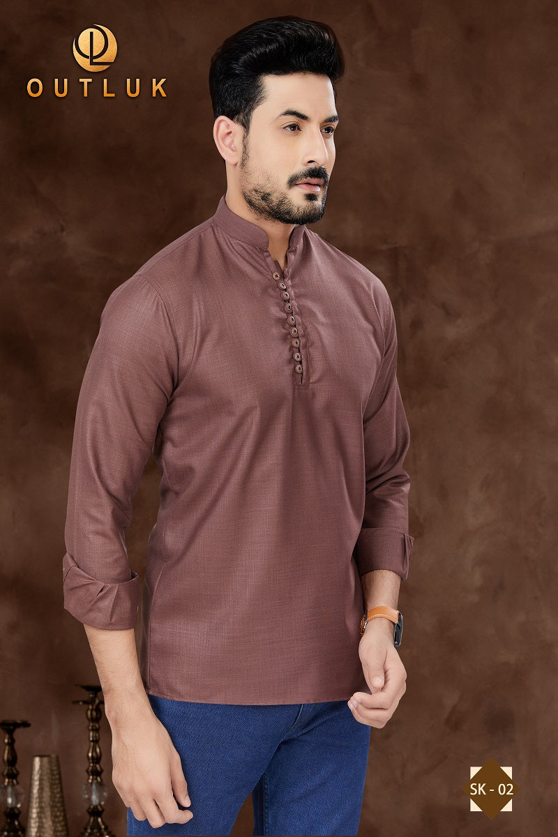 Brown Cotton Mens Short Kurta SK02