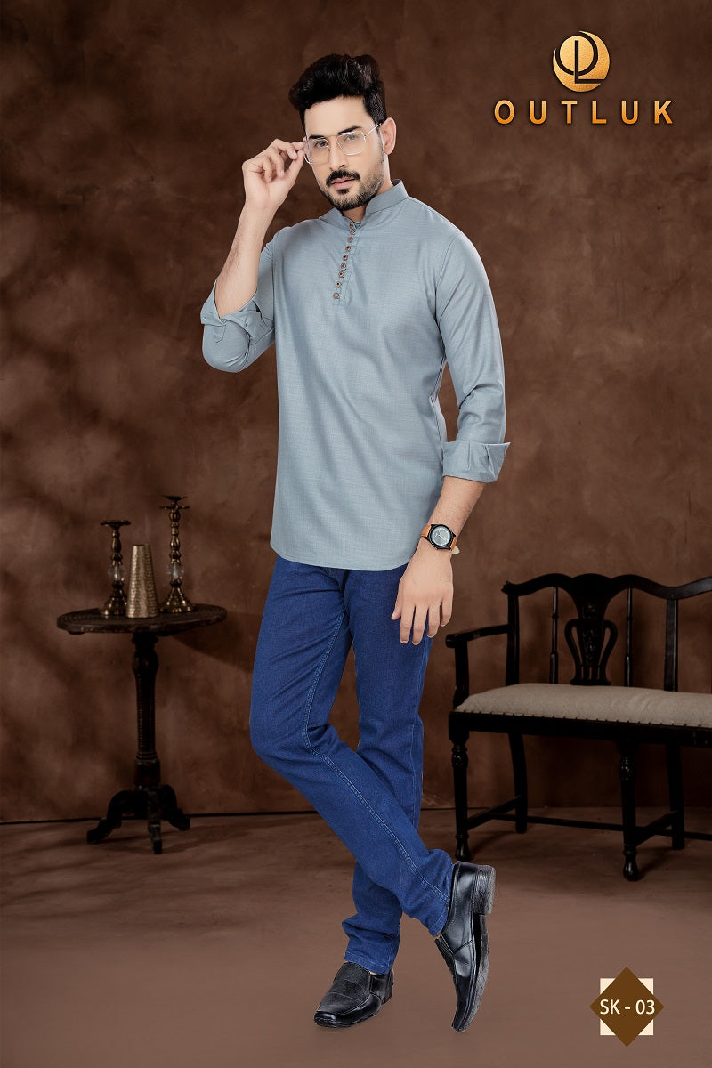 Gray Cotton Mens Short Kurta SK03