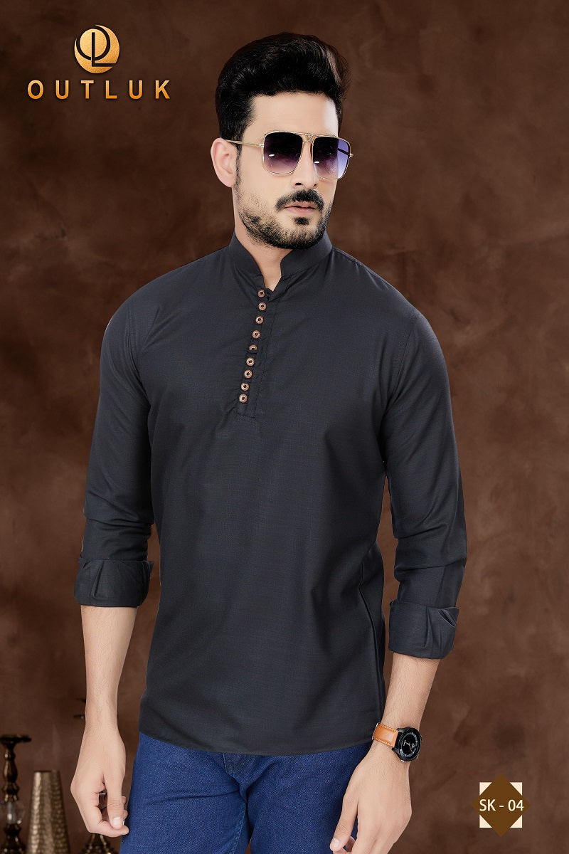 Black Cotton Mens Short Kurta SK04