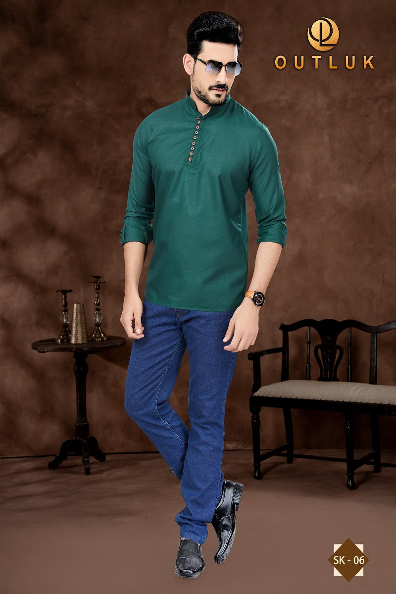 Bottle Green Cotton Mens Short Kurta SK06