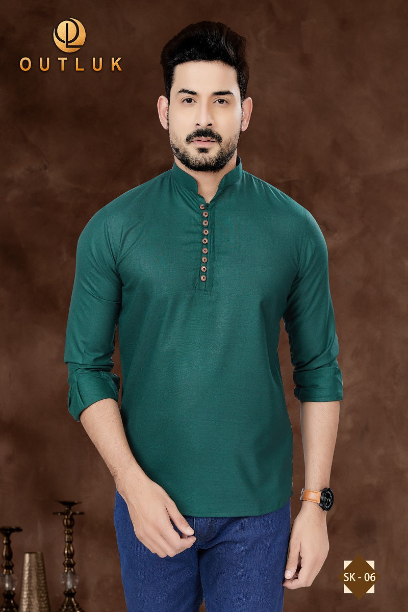 Bottle Green Cotton Mens Short Kurta SK06