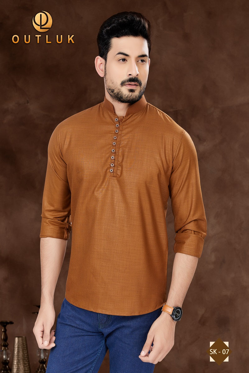 Light Brown Cotton Mens Short Kurta SK07