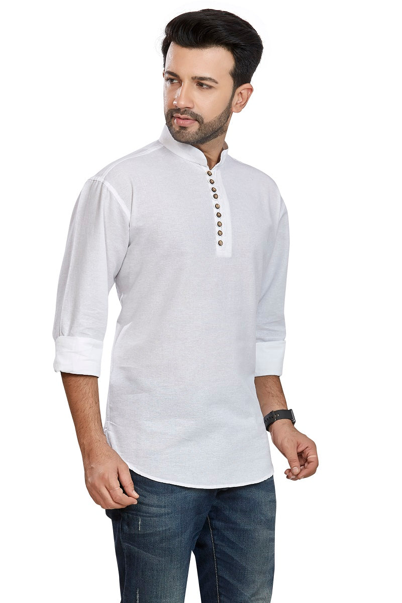 White Cotton Mens Short Kurta SK1001