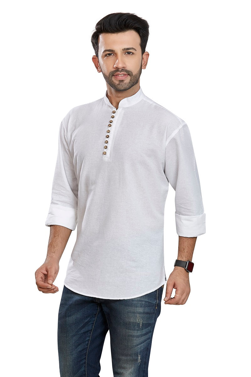 White Cotton Mens Short Kurta SK1001