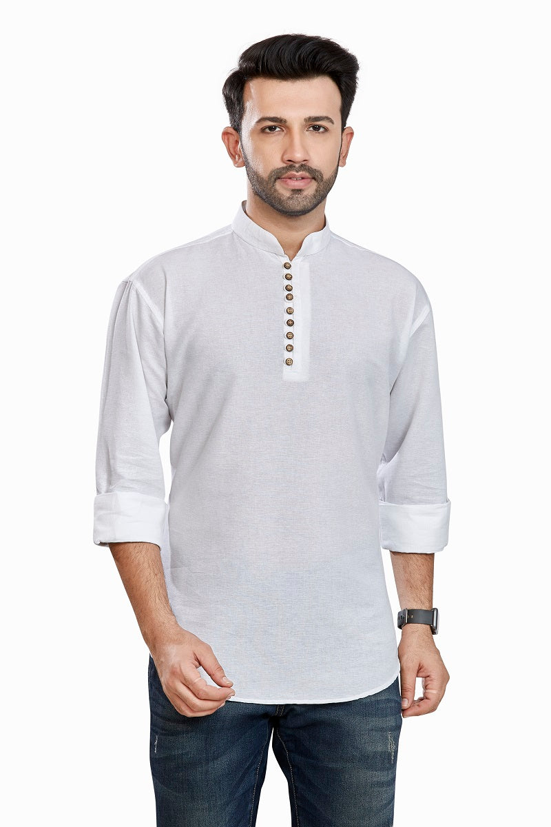 White Cotton Mens Short Kurta SK1001