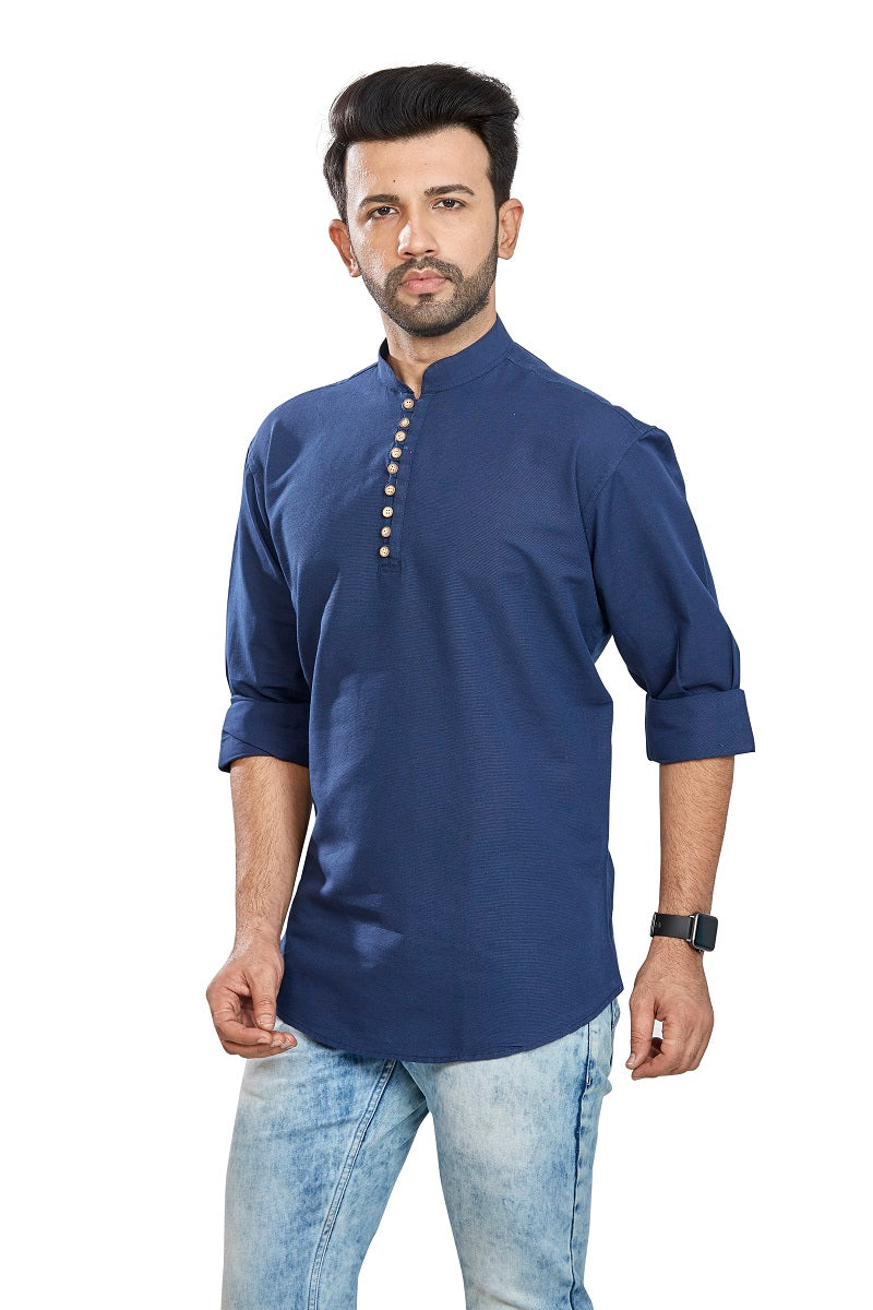 Blue Cotton Mens Short Kurta SK1002