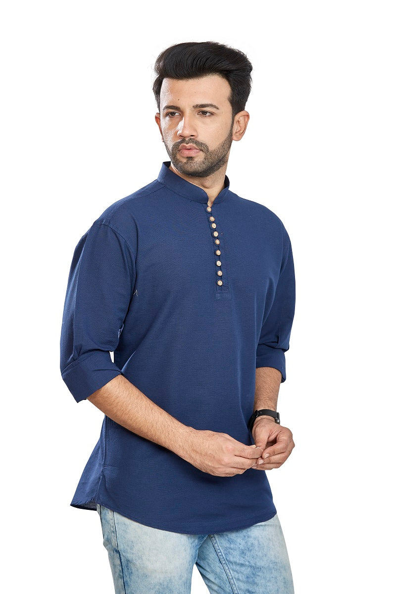 Blue Cotton Mens Short Kurta SK1002