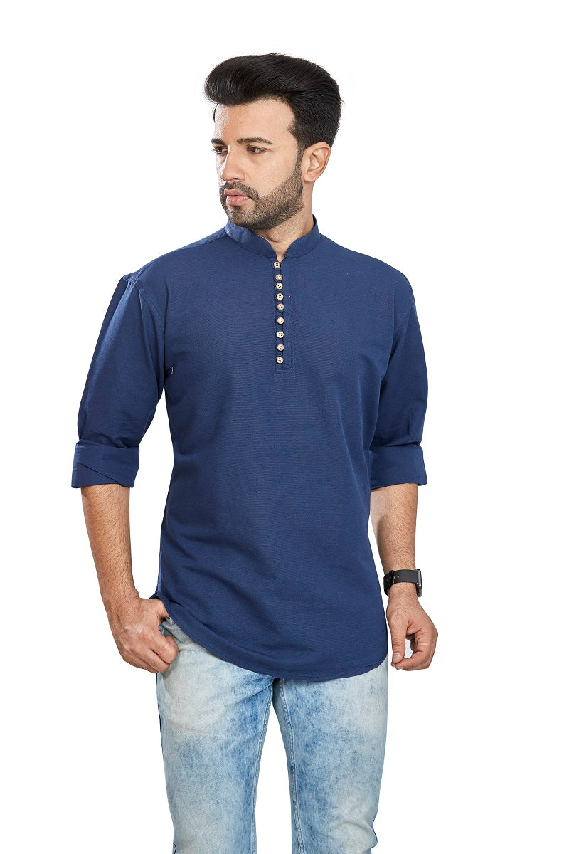 Blue Cotton Mens Short Kurta SK1002