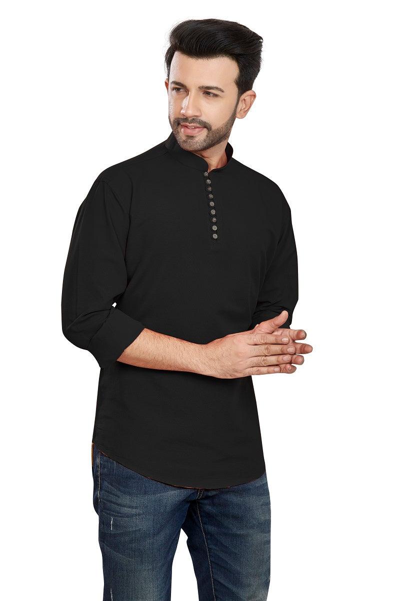 Black Cotton Mens Short Kurta SK1003