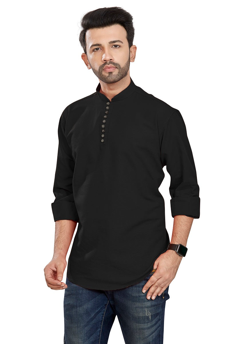 Black Cotton Mens Short Kurta SK1003