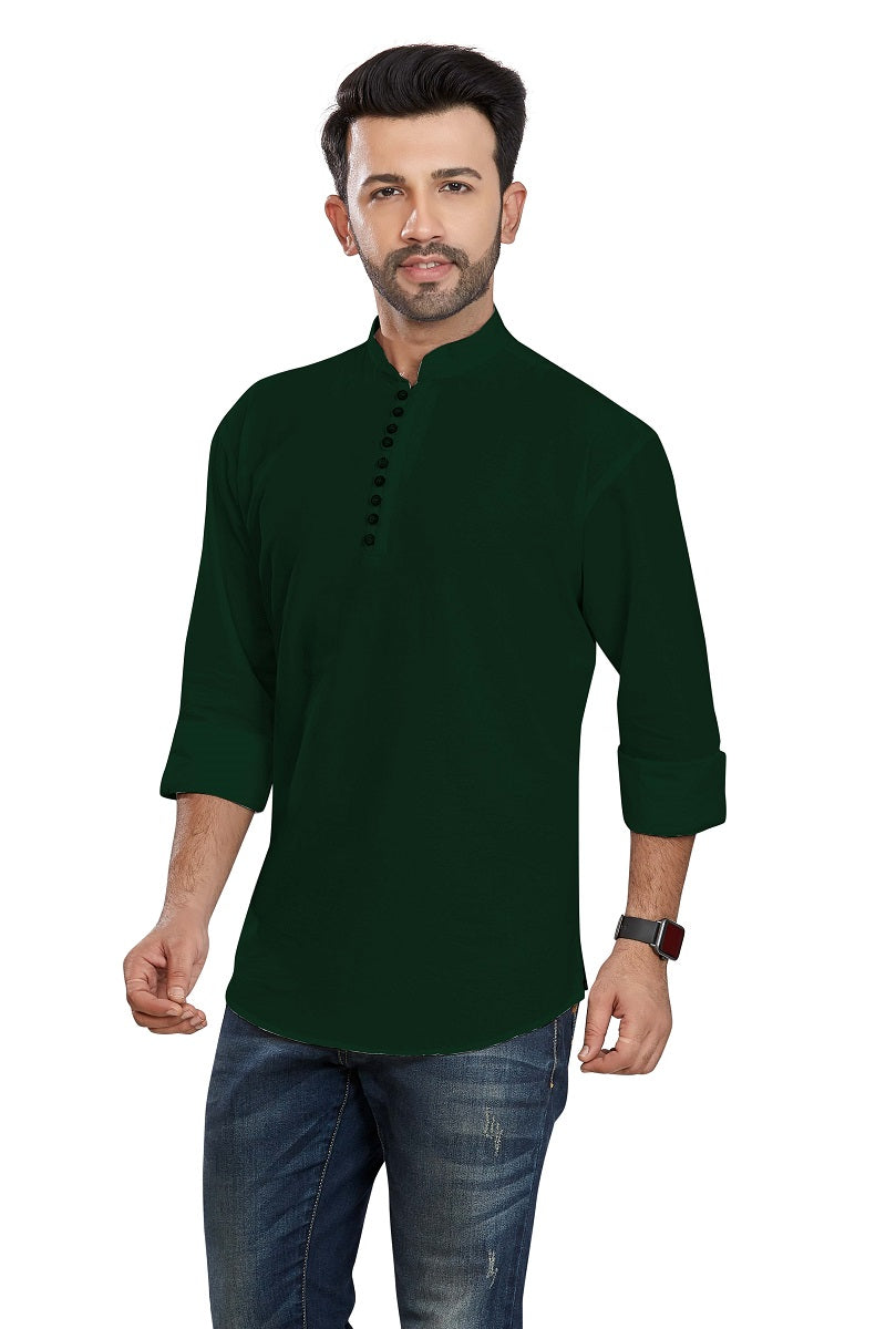 Dark Green Cotton Mens Short Kurta SK1006