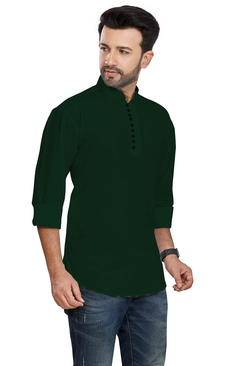 Dark Green Cotton Mens Short Kurta SK1006