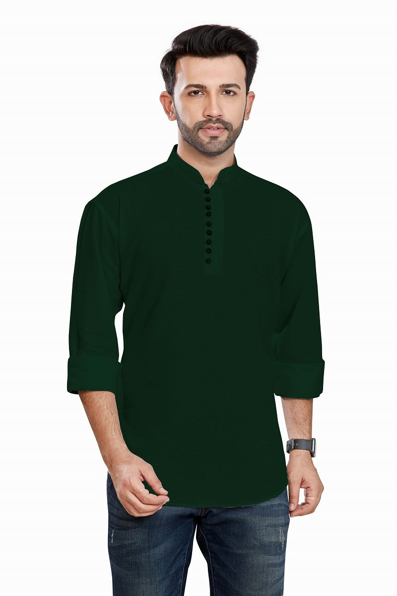 Dark Green Cotton Mens Short Kurta SK1006