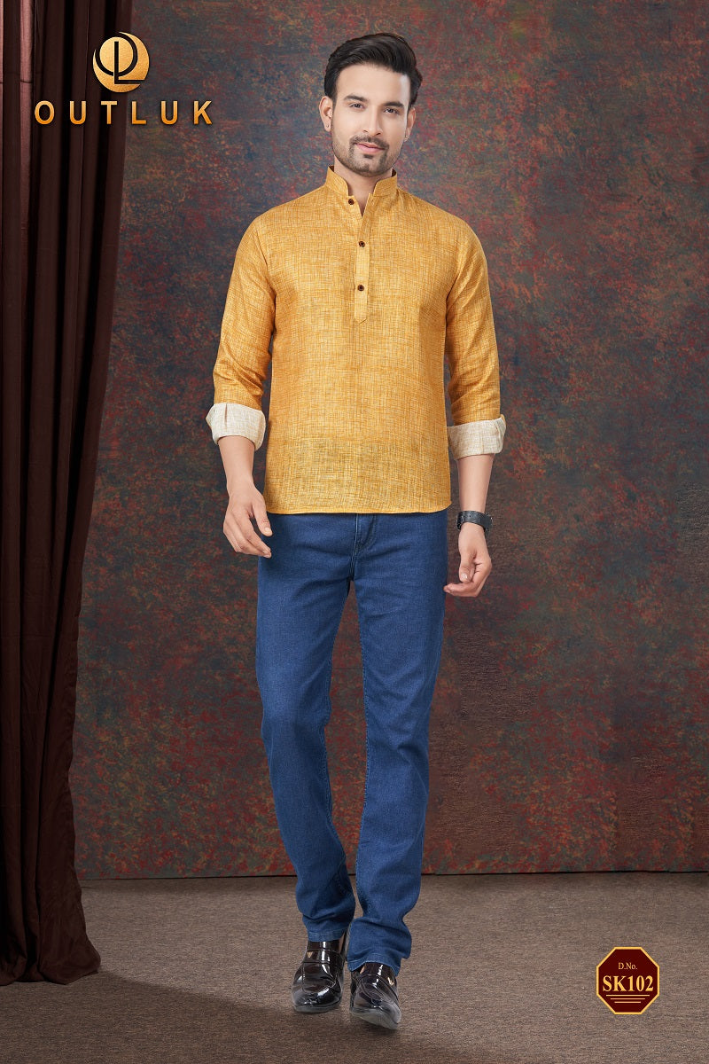 Yellow Linen Mens Short Kurta SK102