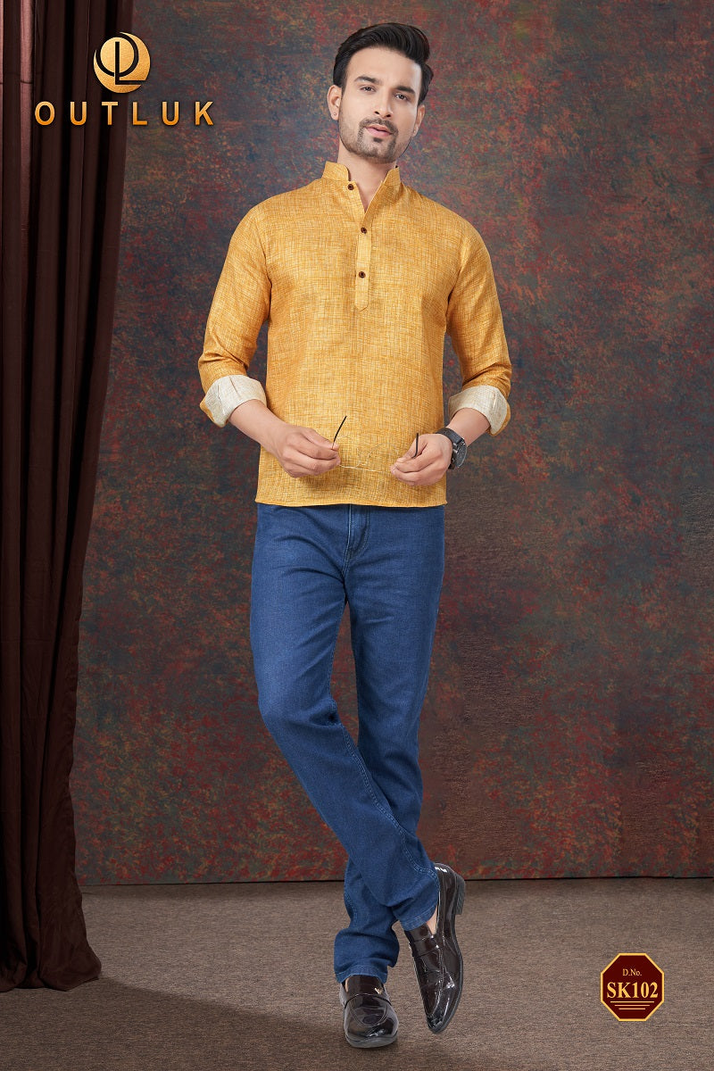 Yellow Linen Mens Short Kurta SK102