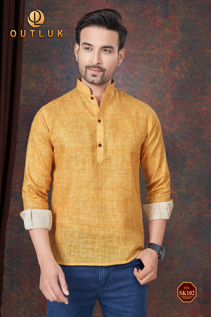 Yellow Linen Mens Short Kurta SK102