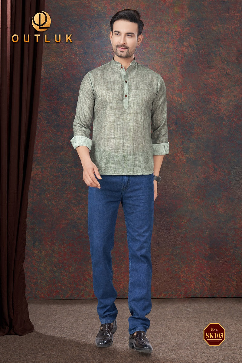 Green Linen Mens Short Kurta SK103