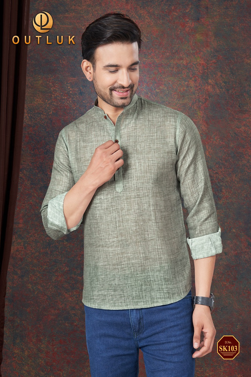 Green Linen Mens Short Kurta SK103