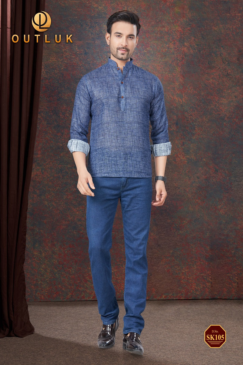 Blue Linen Mens Short Kurta SK105