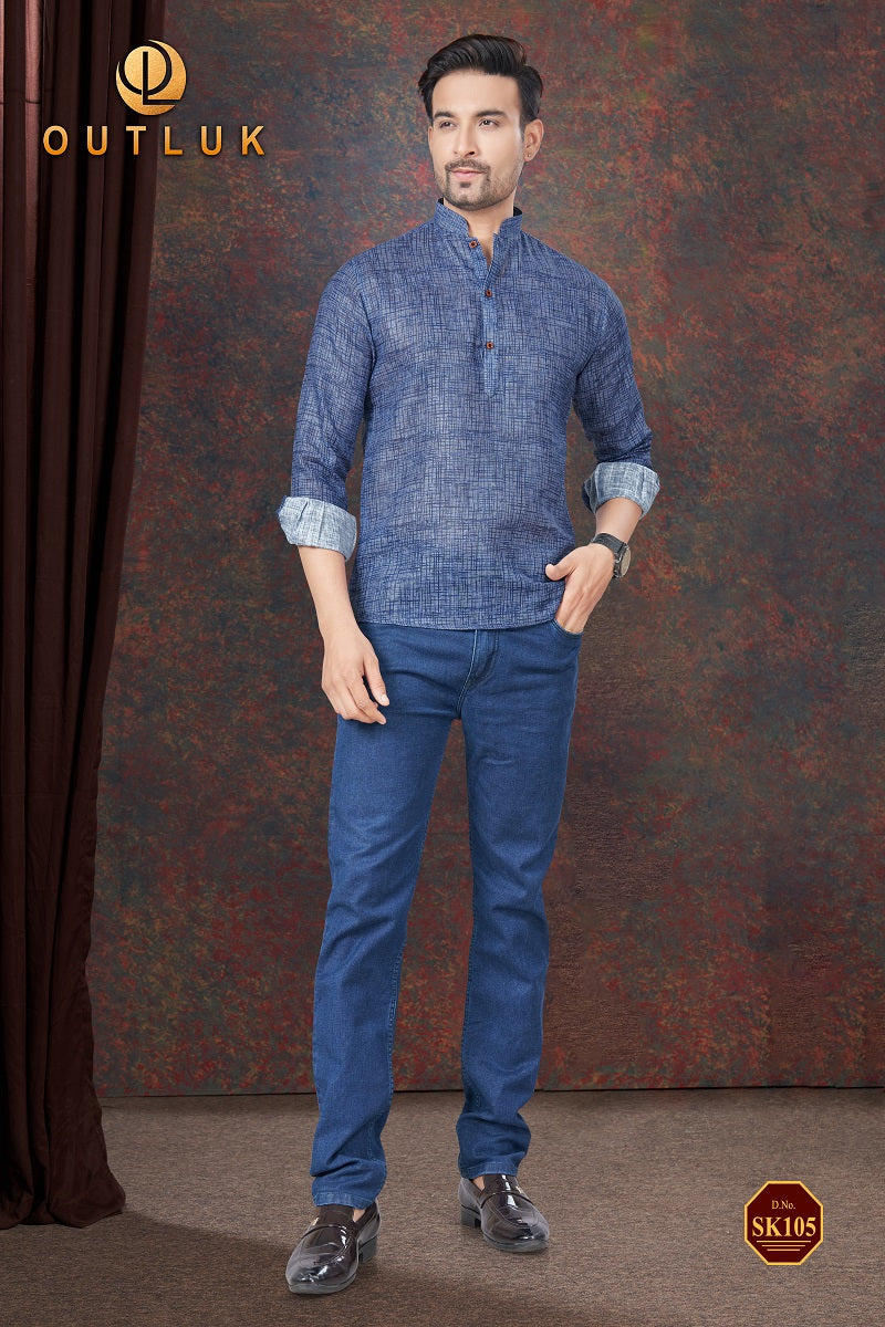 Blue Linen Mens Short Kurta SK105