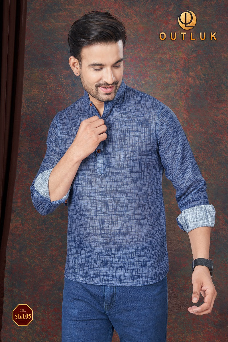 Blue Linen Mens Short Kurta SK105