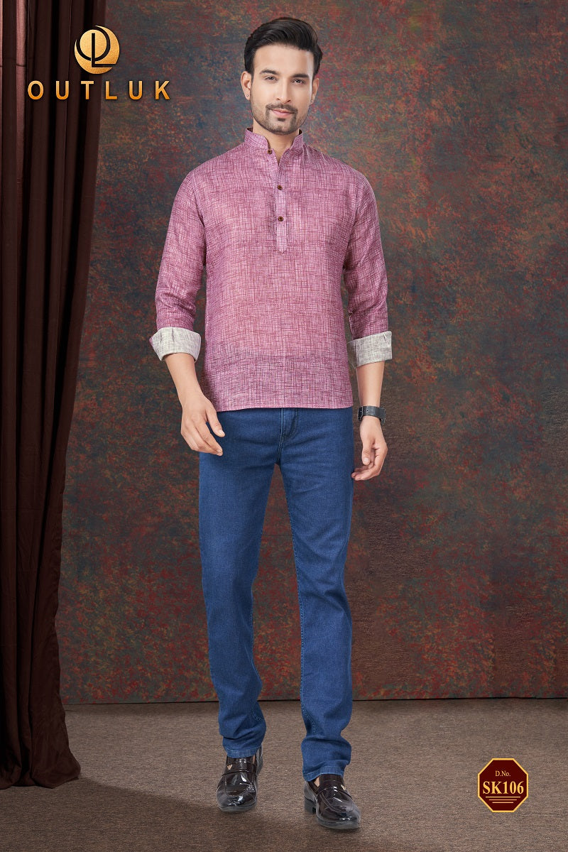 Pink Linen Mens Short Kurta SK106