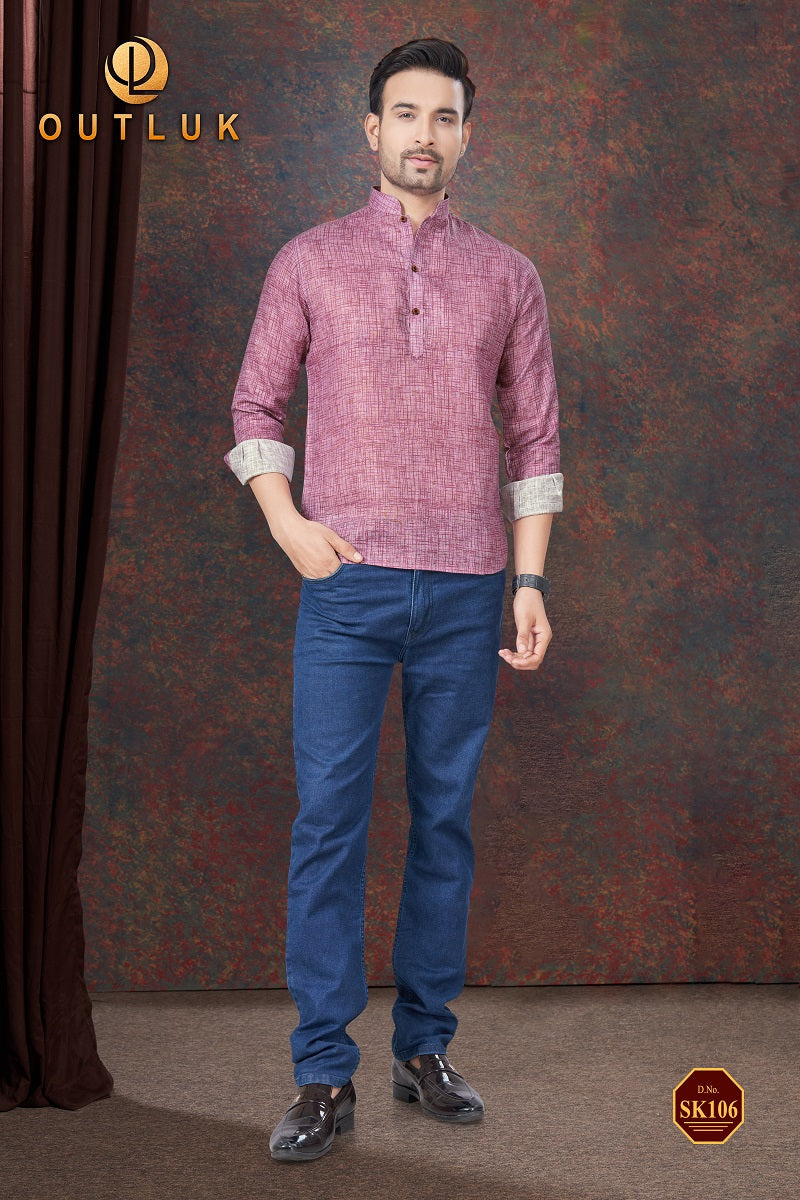 Pink Linen Mens Short Kurta SK106