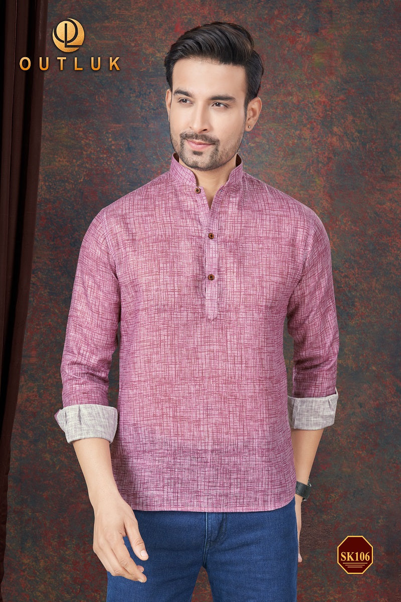 Pink Linen Mens Short Kurta SK106