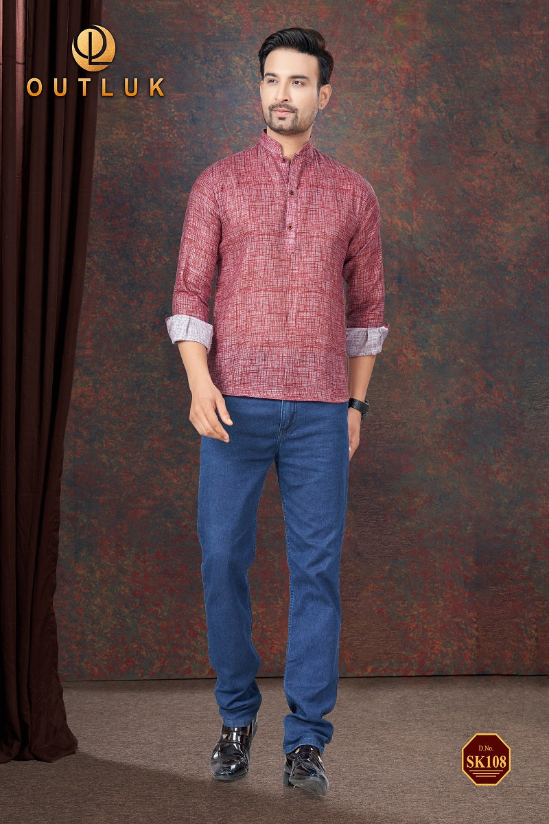 Red Linen Mens Short Kurta SK108