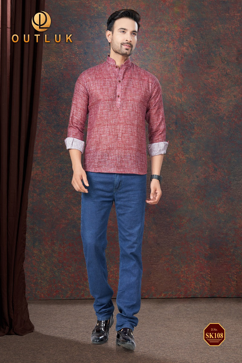 Red Linen Mens Short Kurta SK108