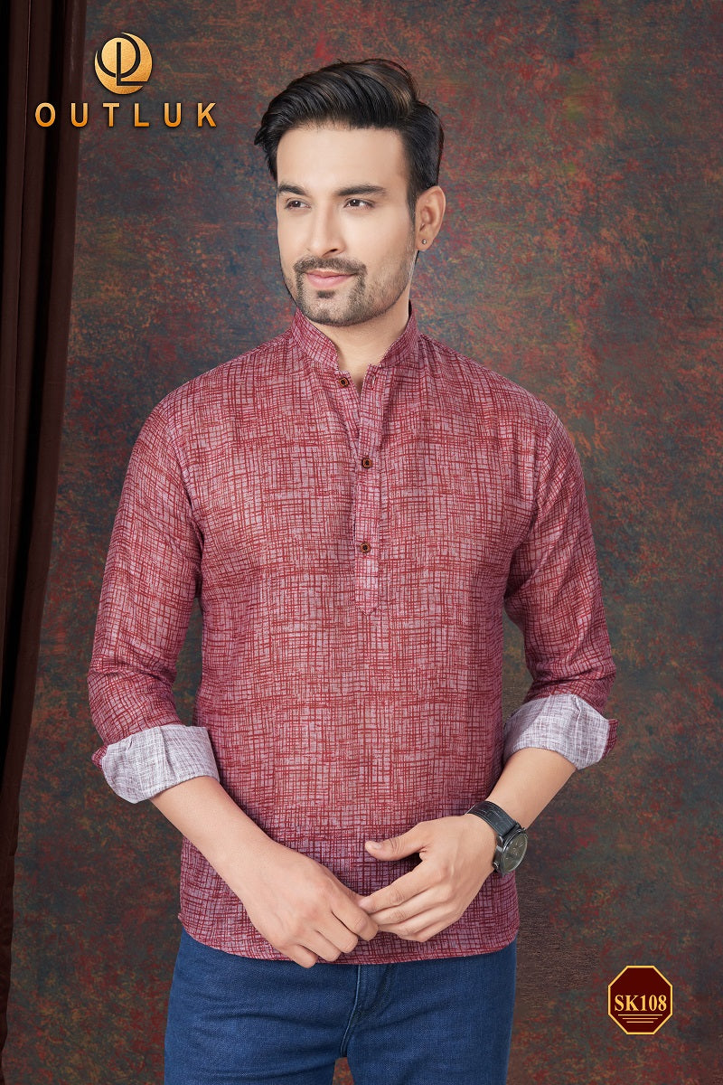 Red Linen Mens Short Kurta SK108