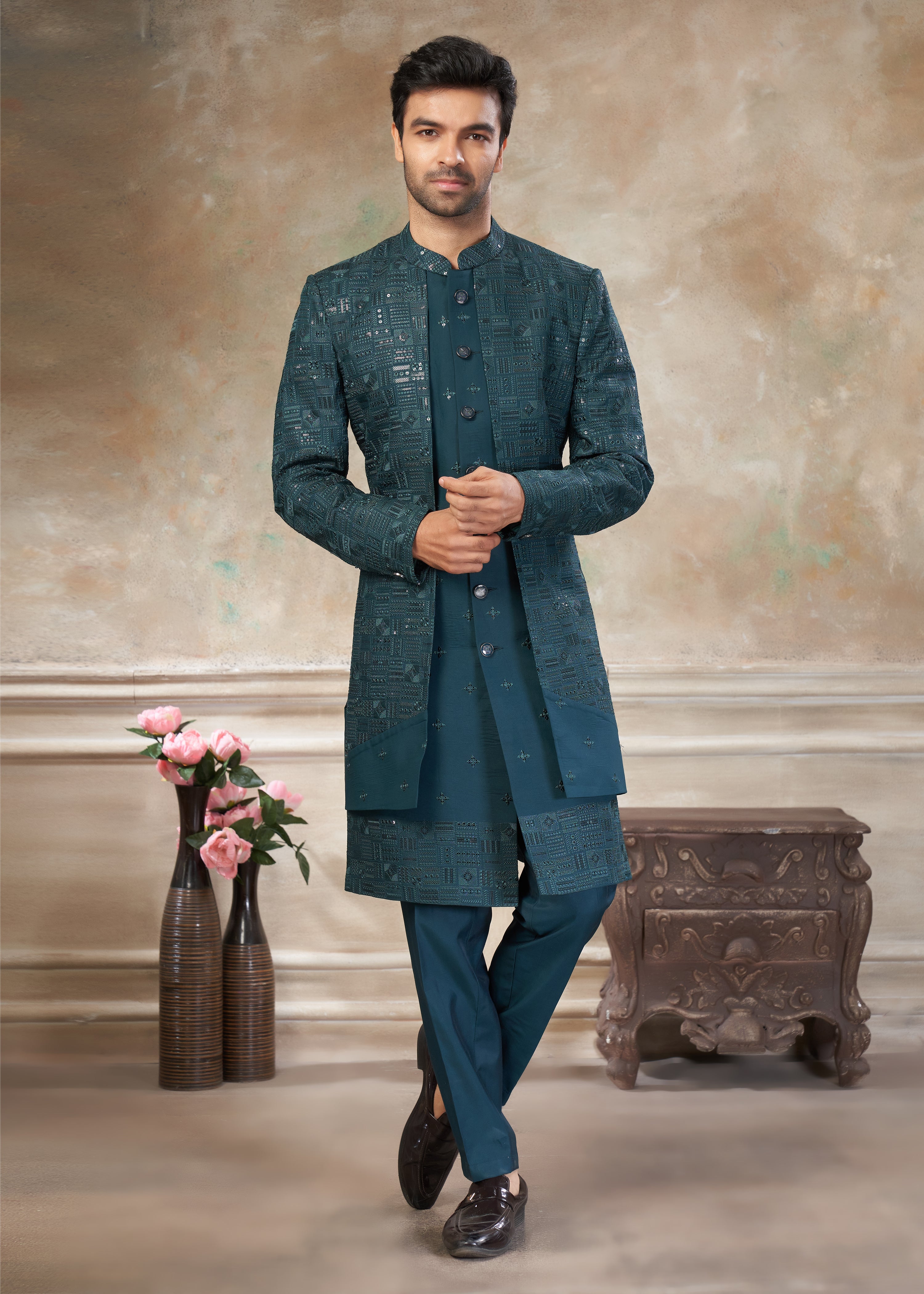 Teal Blue color Pure Viscose with embroidery Menswear indowestern  50006