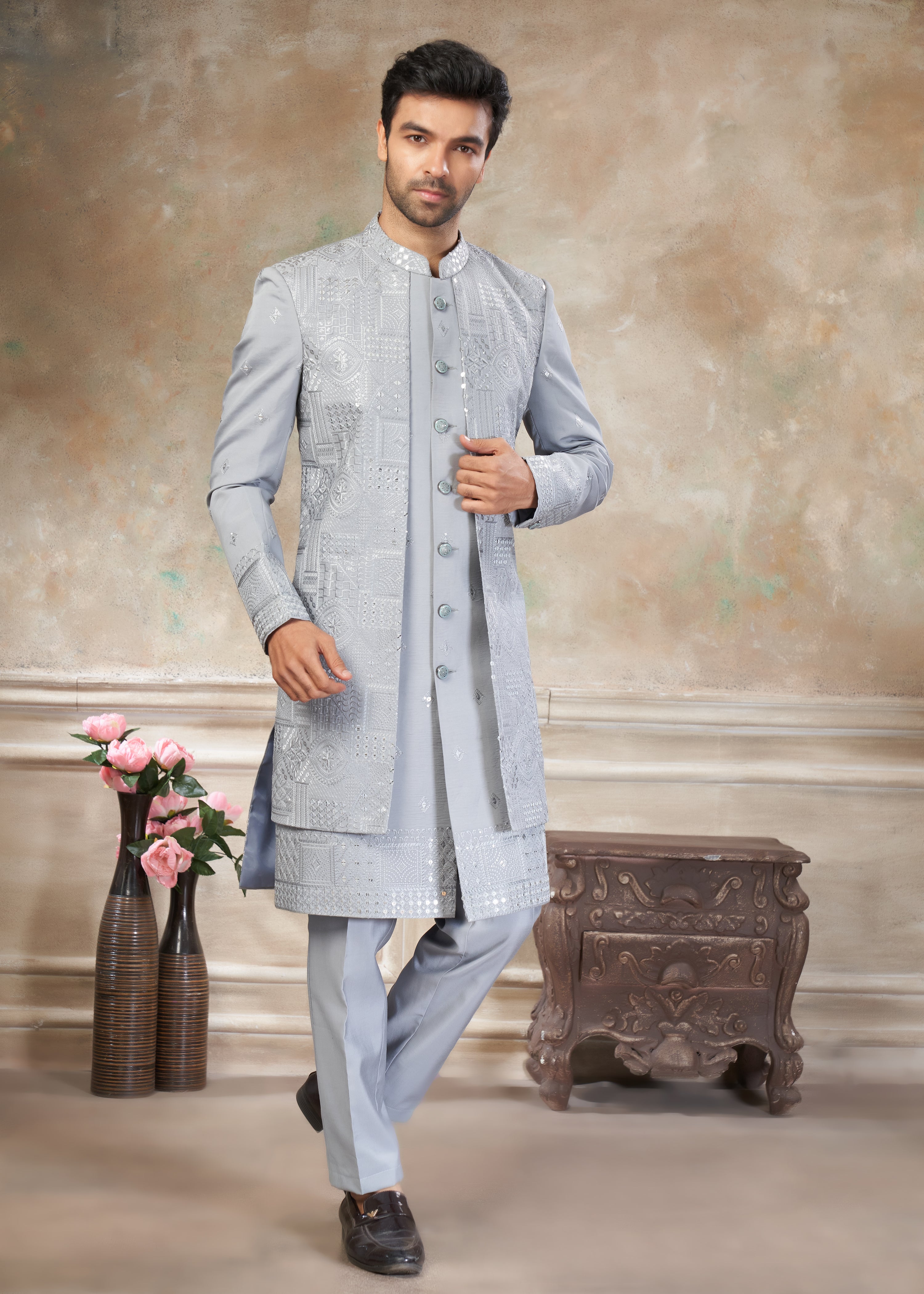 Grey color Pure Viscose with embroidery Menswear indowestern 50007