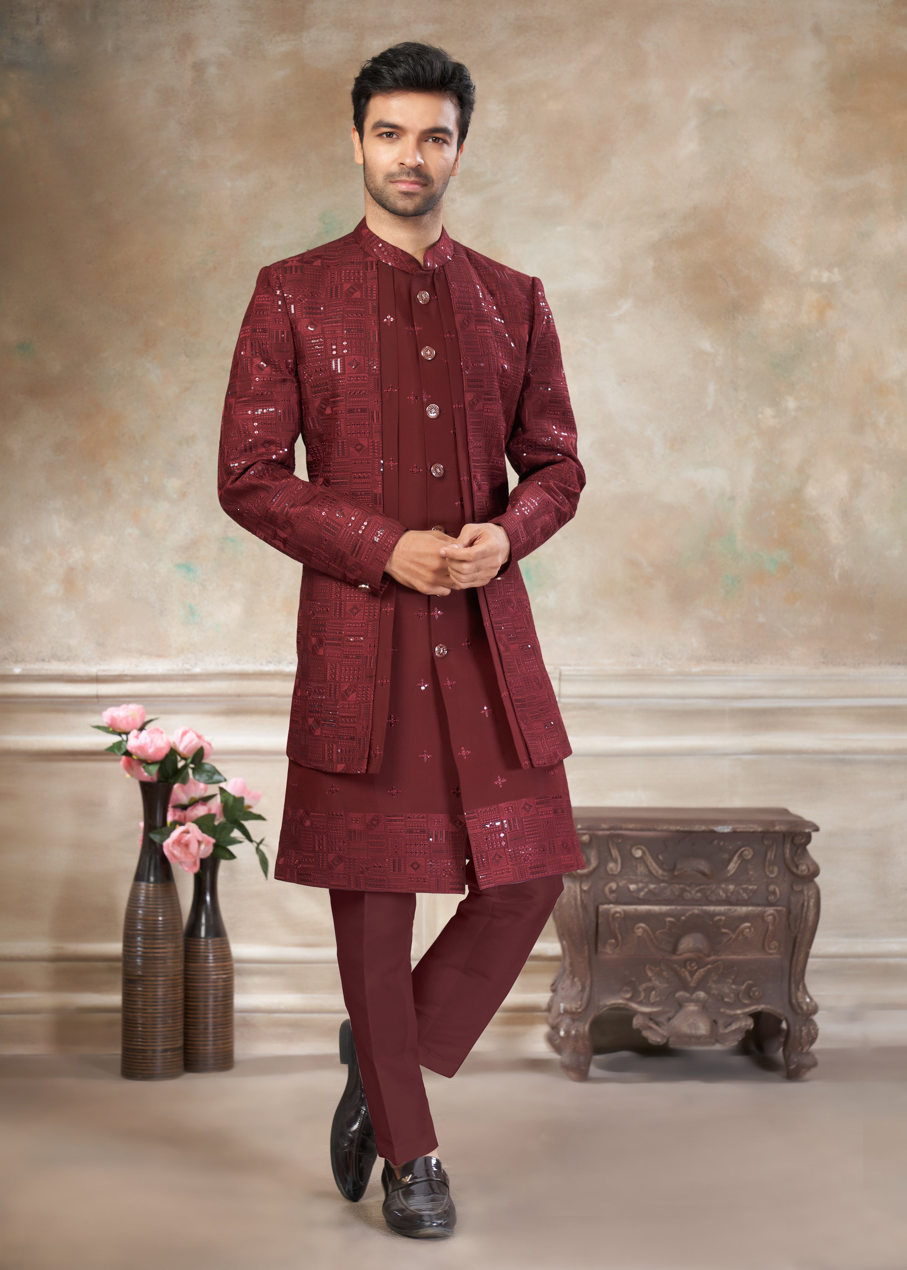 Red color Pure Viscose with embroidery Menswear indowestern 50008