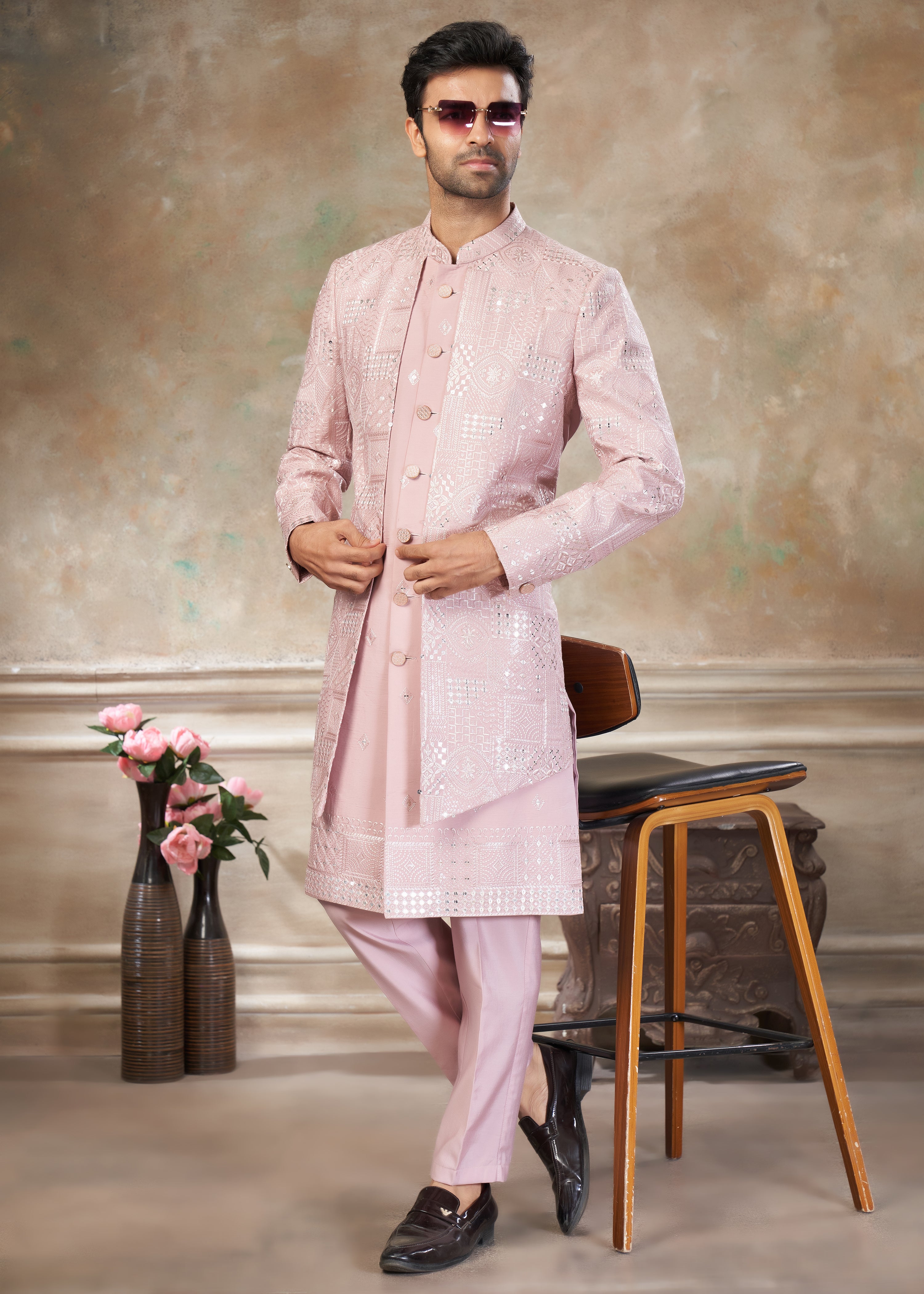 Pink color Pure Viscose with embroidery Menswear indowestern 50009