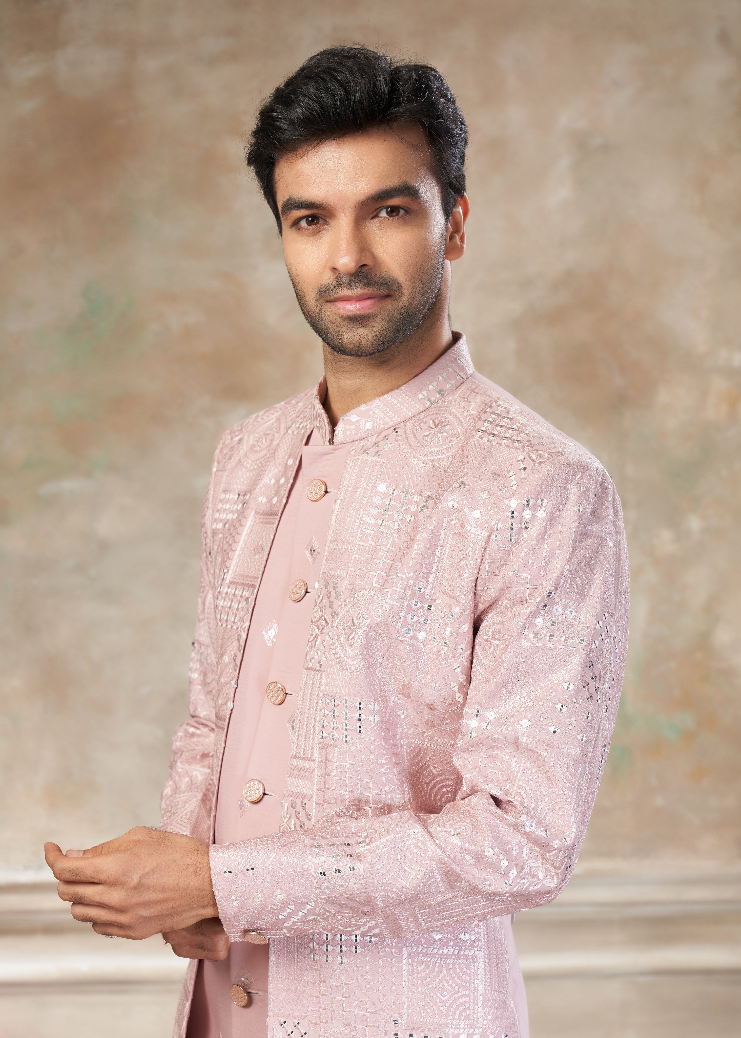 Pink color Pure Viscose with embroidery Menswear indowestern 50009
