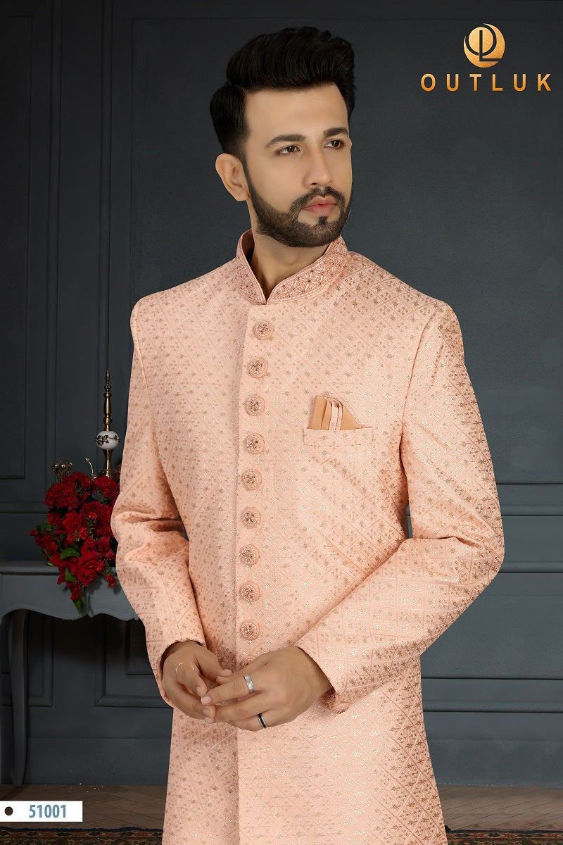 Peach Jacquard Silk Mens Sherwani 51001