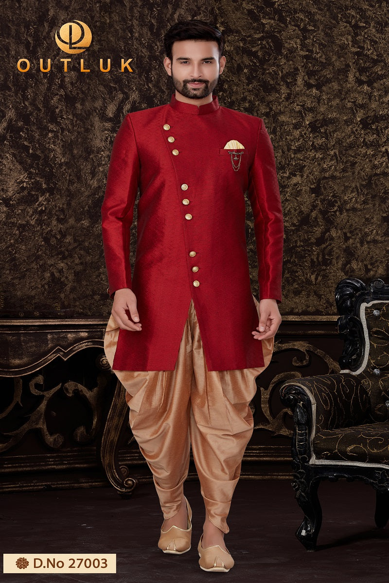 Red Jacquard Silk Mens Indo Western 27003